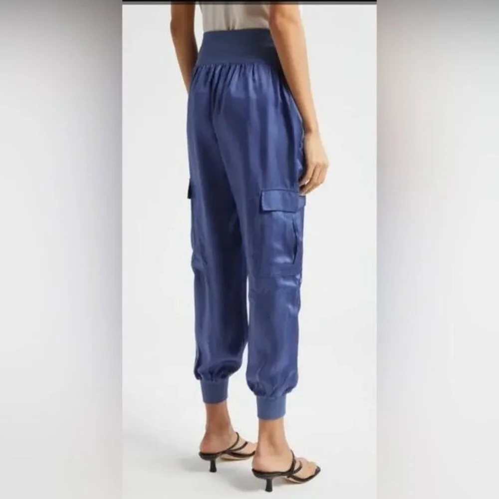 NWOT CINQ À SEPT Giles Cupro Crop Cargo Joggers Blue Thunderstorm Sz SMALL - Picture 2 of 12